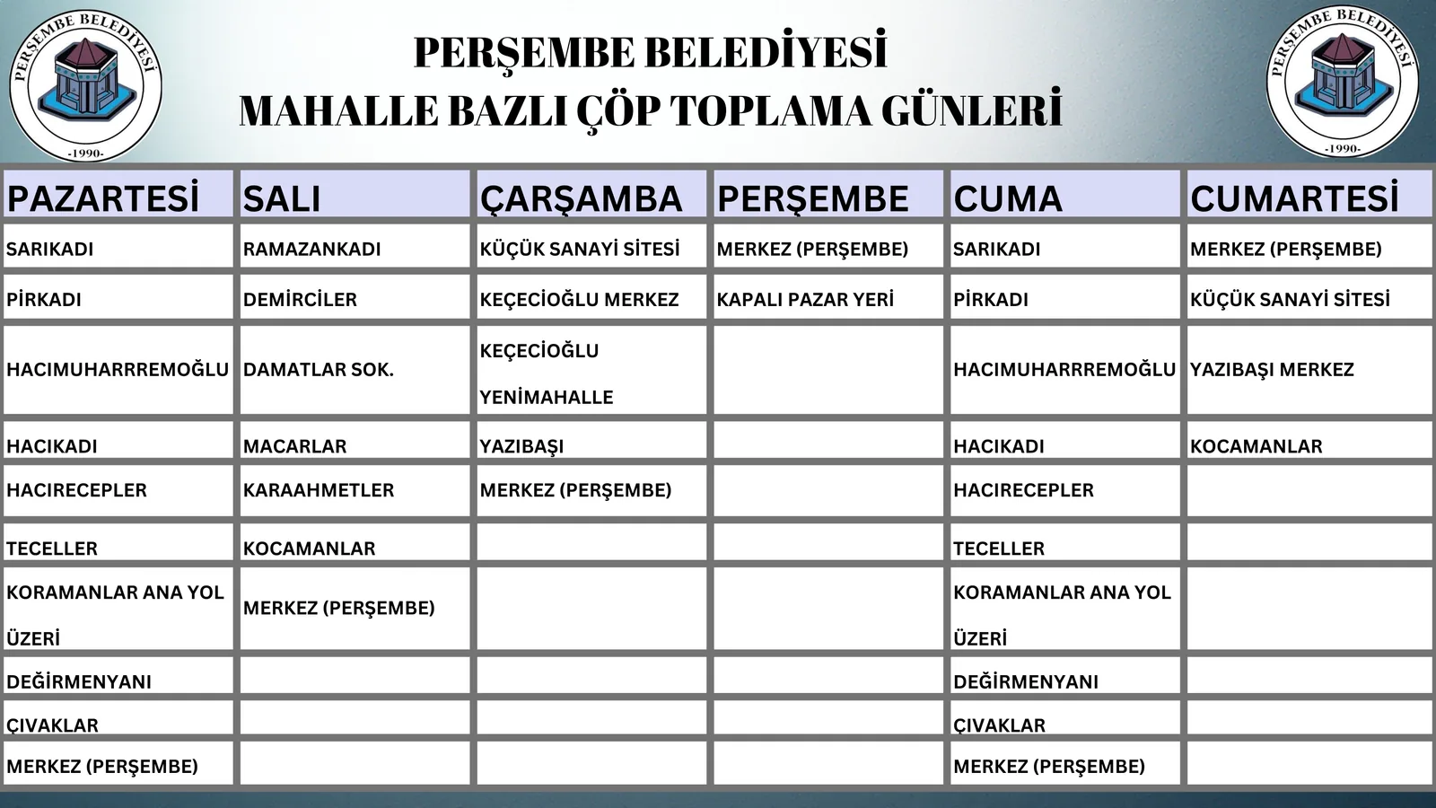 MAHALLE BAZLI ÇÖP TOPLAMA GÜNLERİ